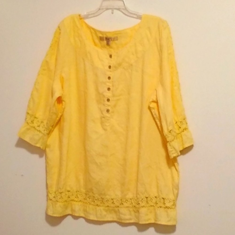 Women 100% Linen Blouse 3/4th Sleeve Yellow Tunic Tops XL